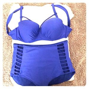 Blue high wasted bikini top/bottom set